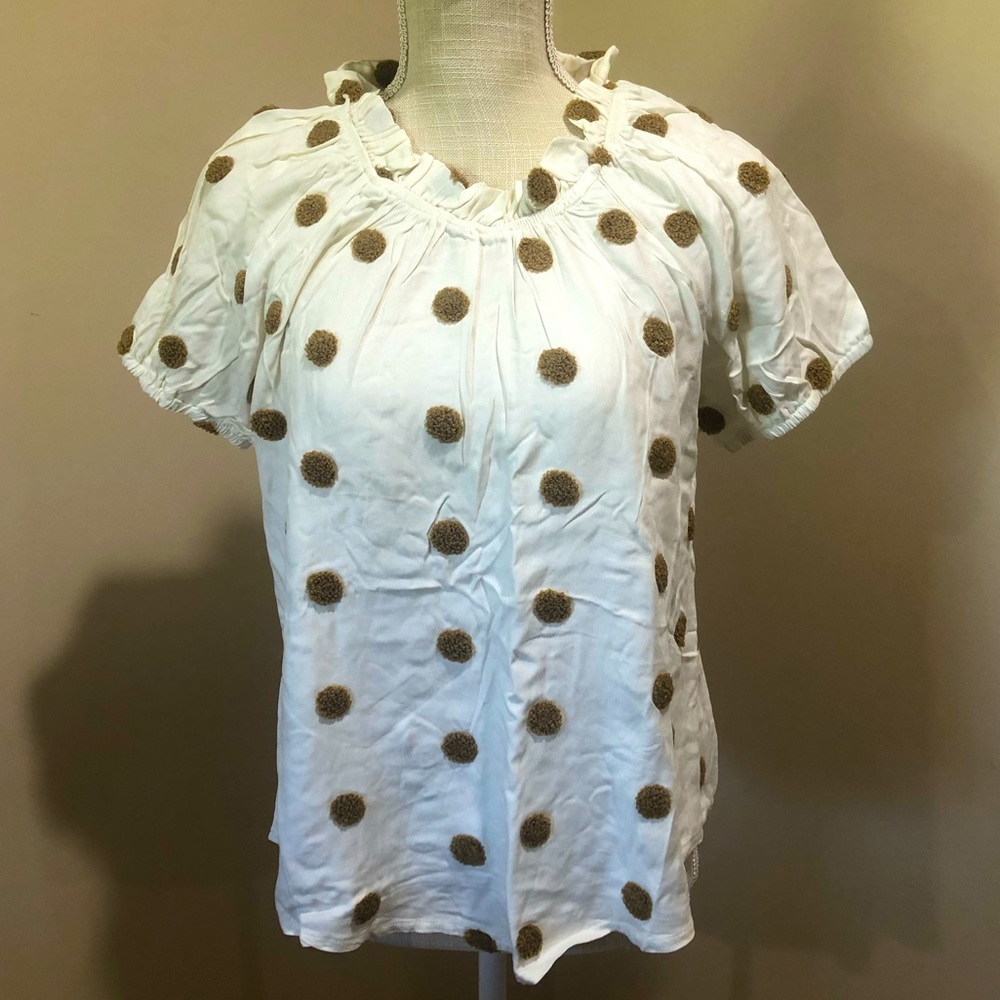 NWOT Ivory/Camel Textured Polka-Dot Blouse